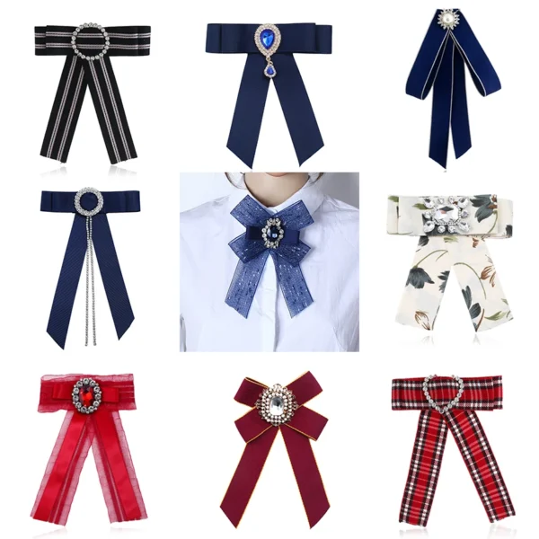 Sequins Lace Pearl Bow Tie Women'S Shirts Pins Brooches Imitation Gem Rhinestone Korean Webbing Fashion Jewelry Bijouterie