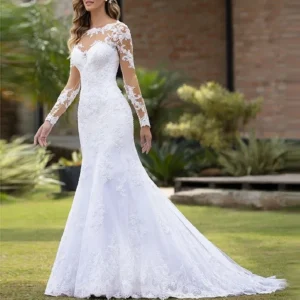 Robes de mariée sirène à manches longues col rond