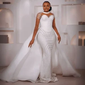 Robe de mariée africaine personnalisée, grande taille, avec traîne détachable, Illusion de sirène, manches longues, perles