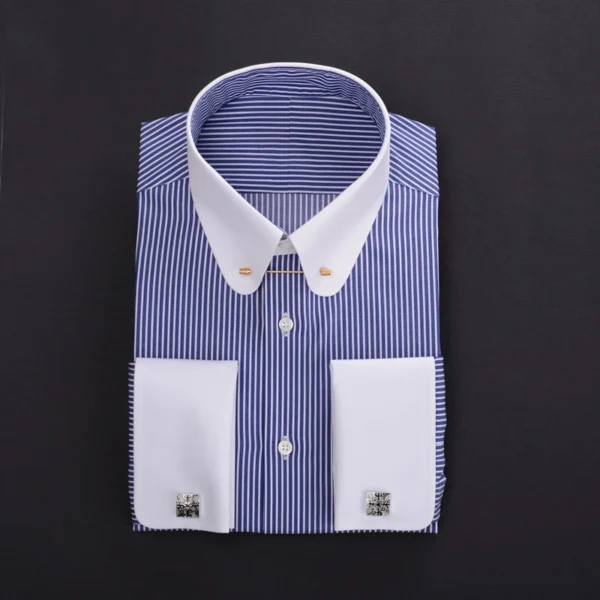 Col Sténopé Col Empire Col Patchwork Poignets Français Chemise Pour Hommes Gestionnaire Affaires 100% Coton Rayure Chemise Personnalisée Pour Hommes – Image 5