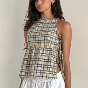 Gaono Women Y2k Babydoll Tank Top Cute Tie Up Side Sleeveless Peplum Top Vintage Plaid Solid Cami Tank Top Coquette Streetwear