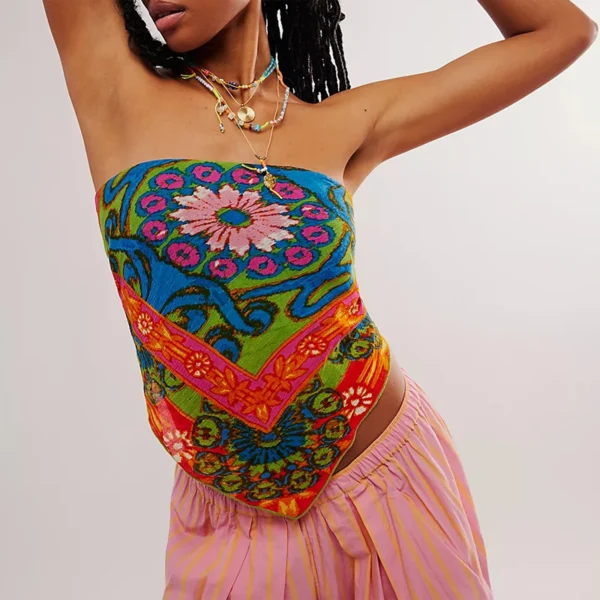 Gaono Bandana Tops For Women Boho Floral Strapless Tube Top Y2K Vintage Irregular Hem Smocked Backless Crop Top Beachwear – Image 3