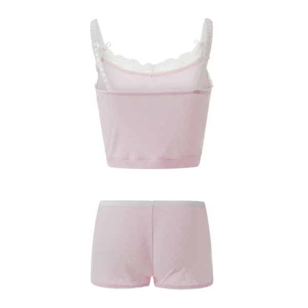Gaono Cute Pink 2 Piece Outfits Y2K Fairycore Vintage V Neck Lace Trim Cami Milkmaid Crop Tops + Shorts Chic Women Pajama Set – Image 4