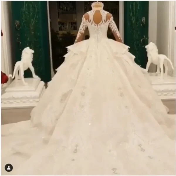 Robe De Mariée À Col Haut En Biscuits, Robe De Rhbouffante, Appliques En Dentelle 3D, Manches Longues, Vêtements Personnalisés Pour Les Patients, Quel Que Soit, Cristal De Dubaï – Image 3