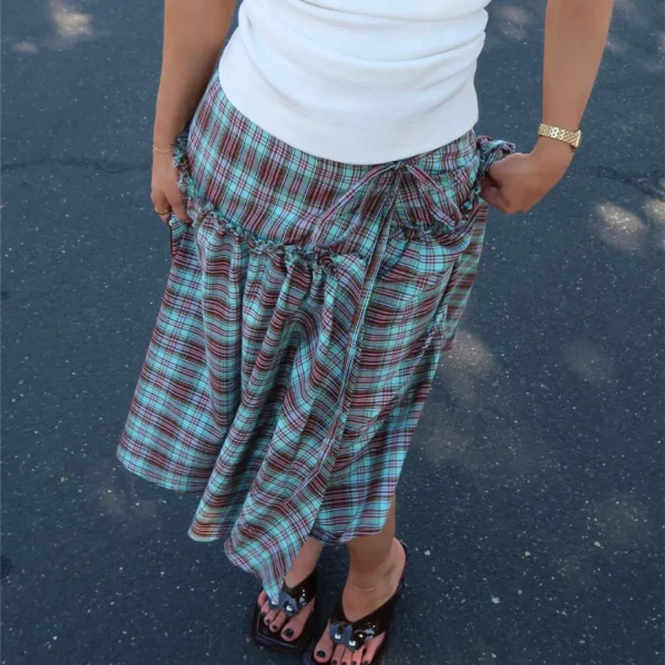 Gaono Women Low Rise Plaid Midi Skirt Lace Up Ruffle Hem A Line Skirt Vintage Tie Up Gingham Tiered Skirt Going Out Streetwear – Image 5