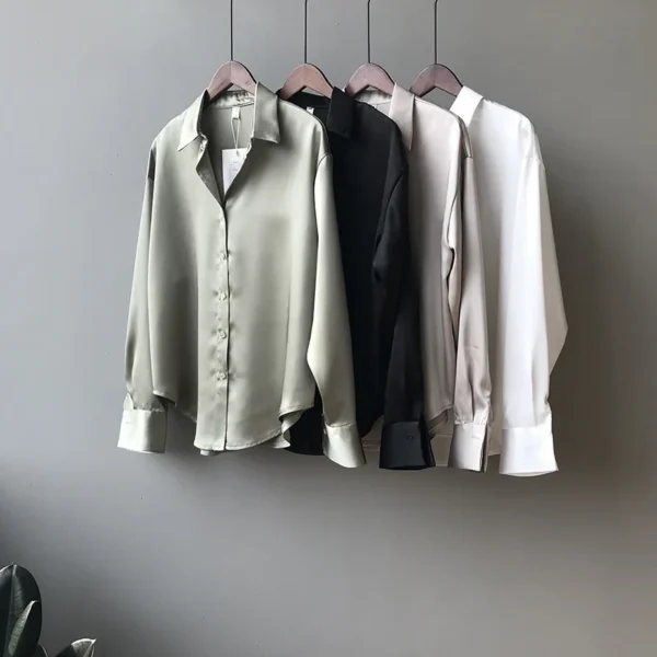 Printemps Mode Boutonné Satin Soie Chemise Vintage Blouse Femmes Hauts Blancs Dame Manches Longues Femme Lâche Chemises De Rue 11355 – Image 3