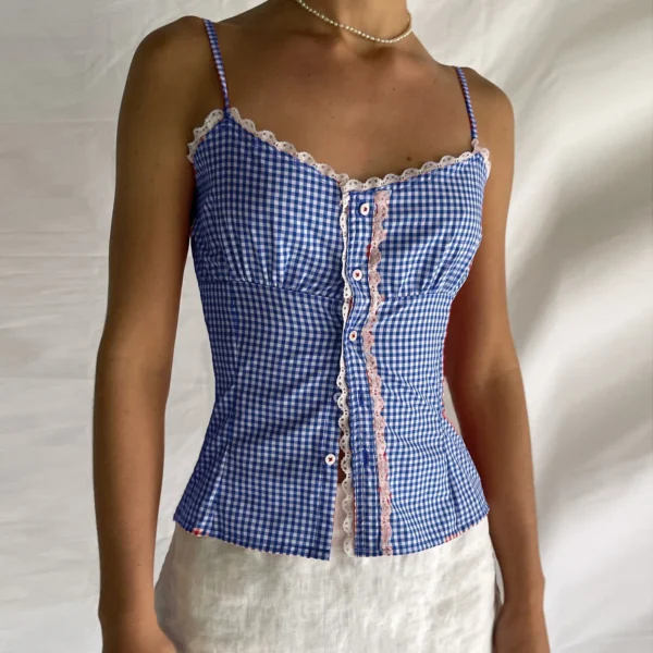 Gaono Women Y2K Gingham Tank Top Spaghetti Strap Checkered Lace Trim Camisole Plaid Backless Slim Fit Cami Tops – Image 5