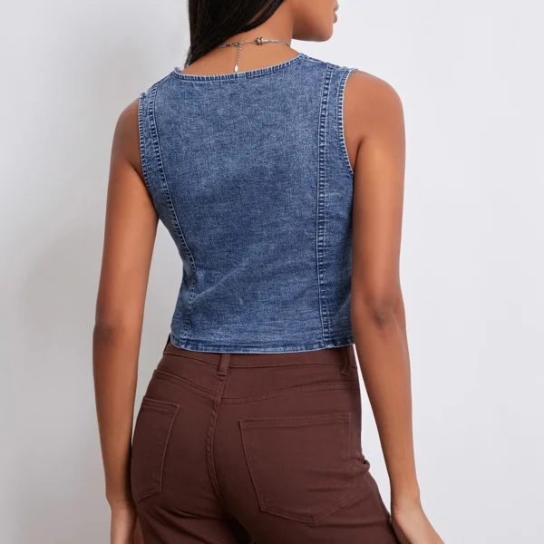 Gaono Women Sleeveless Button Down Denim Vest Deep V Neck Jean Tank Tops Y2K Sexy Going Out Solid Slim Fit Denim Crop Top – Image 6