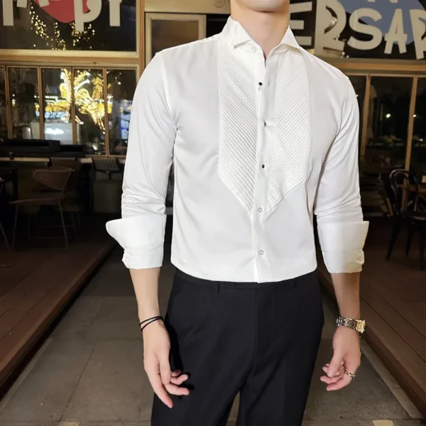 Chemise Habillée À Manches Longues Pour Hommes, Col À Ailes Françaises, Couleur Unie, Décontractée, Blanche Et Noire, Mode Banquet Social, Smoking, Automne 2024 – Image 6
