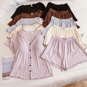 Soft Modal Sleepwear Women's Spring Summer Pajamas New Short Sleeved Pants Set Chest Pad Home Wear Clothes 2025 Pyjama Femme