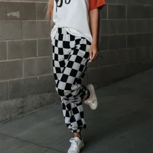 Gaono Womens Checkered Cargo Pant Elastic Waisted Color Block Gingham Loose Fitted Jogger Trouser Y2K Vintage Streetwear