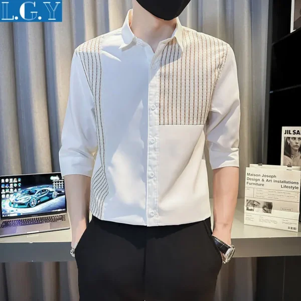 Chemise D'Été Rayée En Patchwork Pour Hommes, Manches Courtes, Décontractée, Nouveau Haut Coréen, 2025 – Image 2