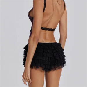 Short à volants en dentelle pour femme, jupe superposée, jupe à plusieurs niveaux, décor de nœud, taille basse, mode douce, été
