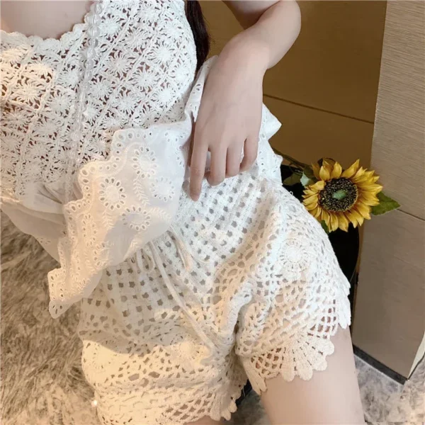 Short En Coton Au Crochet Pour Femmes, Ensemble Deux Pièces Chic, Motif Circulaire, Dentelle, Taille Élastiquée, Bord Festonné, Été – Image 2