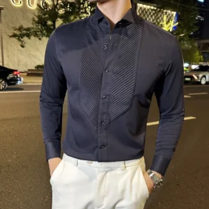 Chemise habillée à manches longues pour hommes, col à ailes françaises, couleur unie, décontractée, blanche et noire, mode Banquet Social, smoking, automne 2024