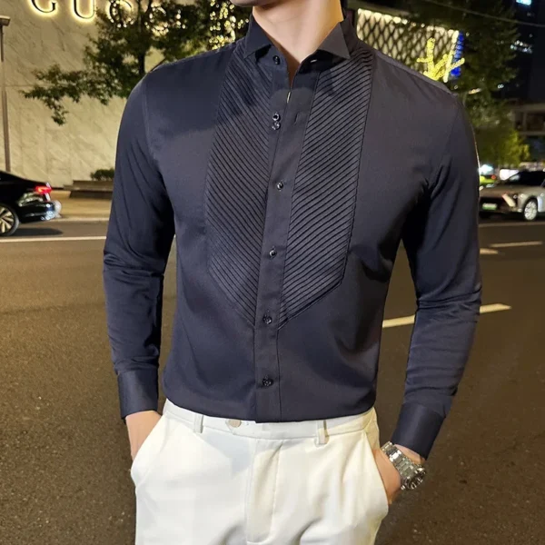 Chemise Habillée À Manches Longues Pour Hommes, Col À Ailes Françaises, Couleur Unie, Décontractée, Blanche Et Noire, Mode Banquet Social, Smoking, Automne 2024