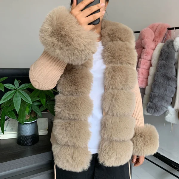 Femmes Fausse Fourrure Tricot Pull Cardigan Printemps Automne Élégant Pull Tricoté Avec Fausse Fourrure De Renard Col Dames Mode Manteau Manteau De Fourrure – Image 2