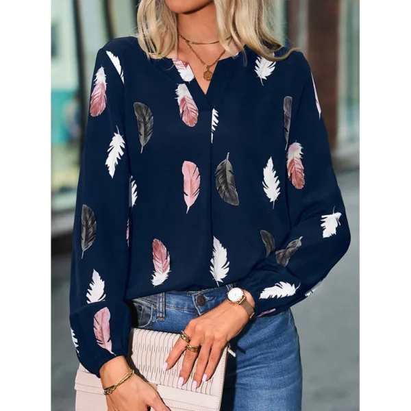 Mode Femme Blouse Chemises Pour Femmes Haut Élégant À Manches Longues Motif De Plumes Femmes Hauts Élégant En Mousseline De Soie Mujer Femme Vêtements – Image 4