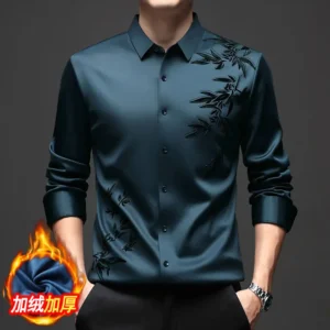 Chemises thermiques anti-déformables pour hommes, col rabattu, manches longues, banquet, simple boutonnage, impression, plus sourire, automne, hiver
