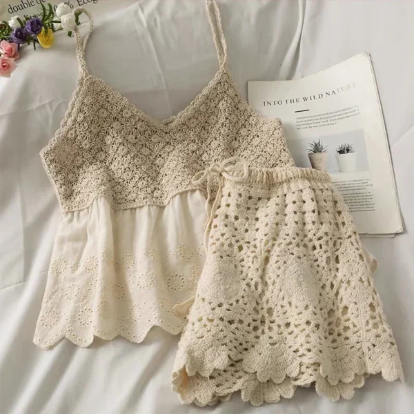 Short En Coton Au Crochet Pour Femmes, Ensemble Deux Pièces Chic, Motif Circulaire, Dentelle, Taille Élastiquée, Bord Festonné, Été – Image 3