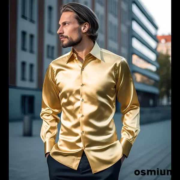 Chemise En Satin À Manches Longues Pour Hommes, Chemise De Boîte De Nuit, Chemise Dorée, Bleu, Orange, Vêtements De Performance, Grande Taille, Média, Automne, Hiver, Nouveau