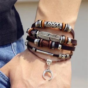 FNIO 2022 Punk Evil Eye Leaves Pendant Multilayer Leather Bracelet Man Woman Charm Life Tree Jewelry Bangle Bijouterie
