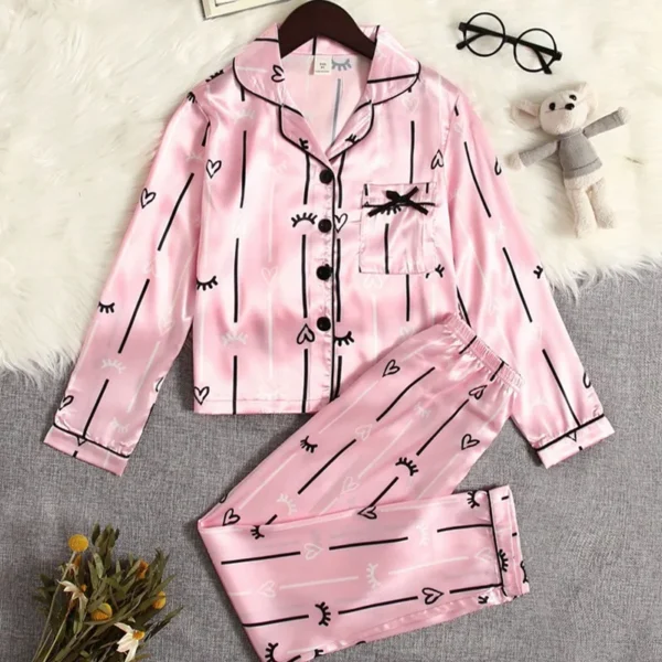 Spring Kids 2Pcs Sleepwear Solid Sweet Mock Silk Long Sleeve Two Piece Pajama With Valentine Heart Print Girls Pyjamas Nightwear