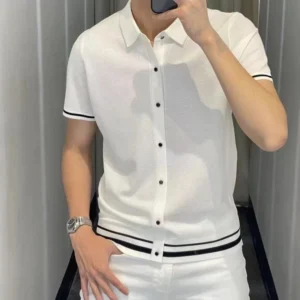 Polo à manches courtes pour hommes, léger, de luxe, à la mode, couleur unie, à rayures, à revers, Slim, Business, décontracté, été 2025