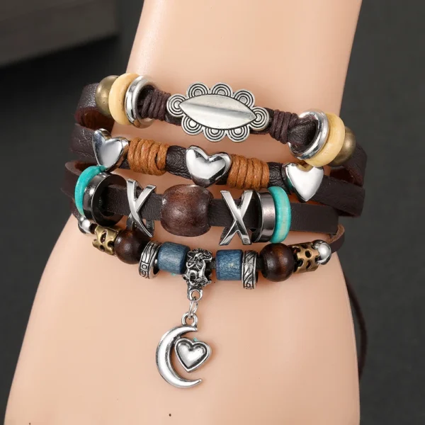 Fnio 2022 Punk Evil Eye Leaves Pendant Multilayer Leather Bracelet Man Woman Charm Life Tree Jewelry Bangle Bijouterie – Image 2