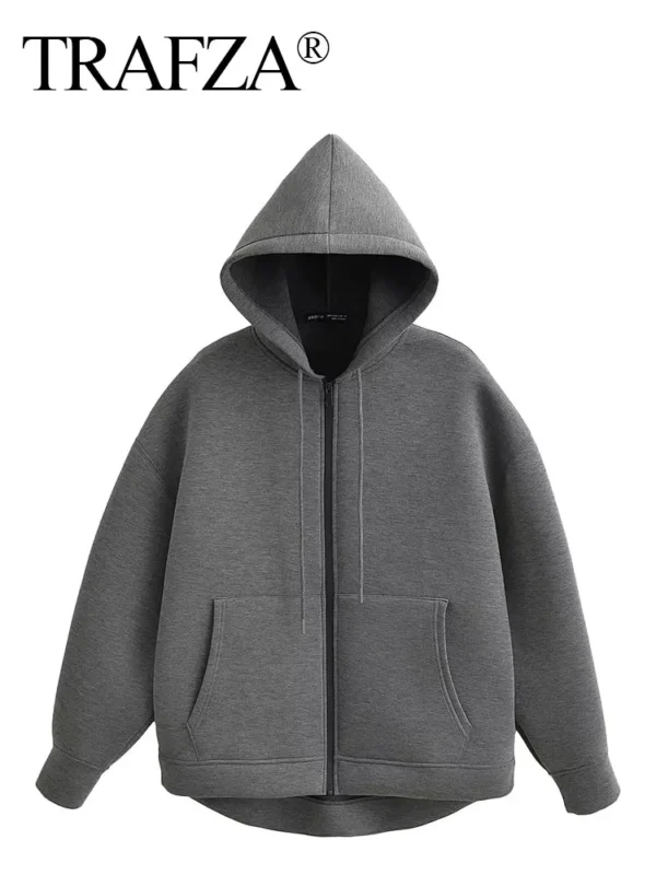 Trafza Automne Femmes Gris Veste Avec Capuche À Manches Longues Grande Poche Veste À Glissière Manteau Femme Ample Vêtements D'Extérieur Décontractés Manteau Hauts – Image 2