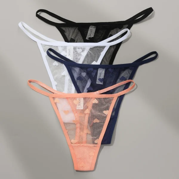 3 Pièces Dentelle Pure String Culottes Femmes Sexy Taille Basse Sans Couture Lingerie Coeur Voir À Travers Maille Caleçon Lingerie Intime – Image 2