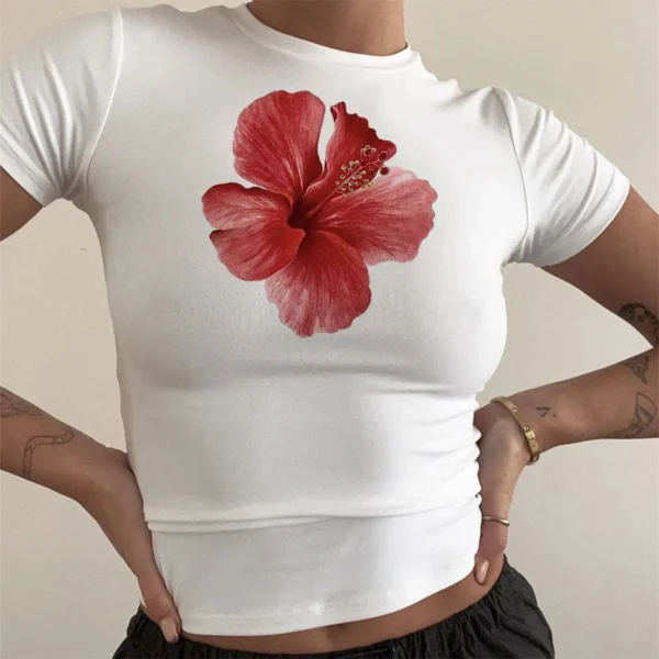 Gaono Women Y2K Short Sleeve Baby Tee Cute Graphic Print Slim Fit Crop Top E-Girl Vintage Aesthetic Flower T Shirt Summer – Image 5