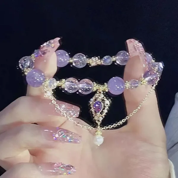 Light Luxury Purple Glass Crystal Beaded Bracelets For Women Chic Butterfly Tassel Pendant Bracelets Sweet Girl Wrist Jewelry