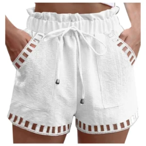 Short en crochet évidé avec poche pour femme, short monochrome, cordon de proximité, taille serrée, streetwear féminin, été