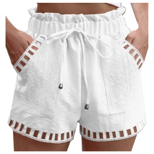 Short En Crochet Évidé Avec Poche Pour Femme, Short Monochrome, Cordon De Proximité, Taille Serrée, Streetwear Féminin, Été