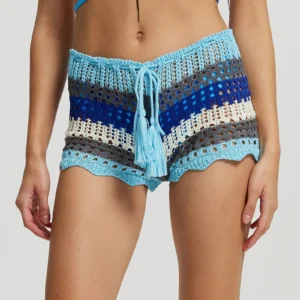 Sarong amissié en crochet pour femmes, short de plage en tricot transparent à rayures, bas de bikini d'été, maillot de bain