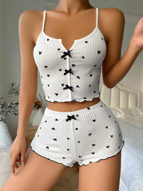 Women Cute Pajama Set Heart Print Lettuce Trim Bow Front Cami Top And Shorts Pj Set Soft Sleepwear