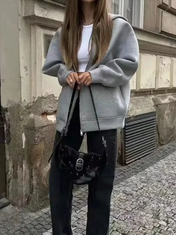 Trafza Automne Femmes Gris Veste Avec Capuche À Manches Longues Grande Poche Veste À Glissière Manteau Femme Ample Vêtements D'Extérieur Décontractés Manteau Hauts – Image 6