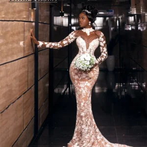 Robes de mariée en dentelle sirène Aso Ebi, col haut fin