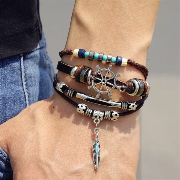 Fnio 2022 Punk Evil Eye Leaves Pendant Multilayer Leather Bracelet Man Woman Charm Life Tree Jewelry Bangle Bijouterie – Image 3