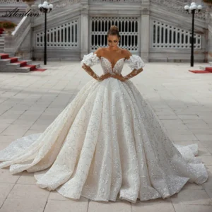 Alonlivn exquise Bling perles dentelle chérie robe de bal robes de mariée épaules dénudées manches gracieuses broderie jupes de mariée