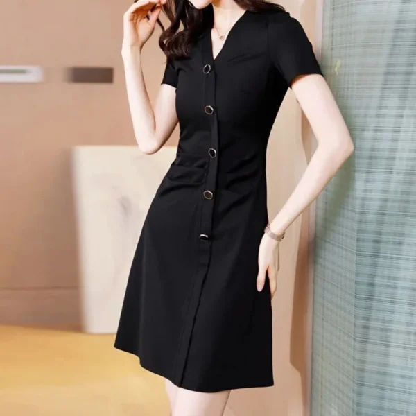 Robe Noire À Épissures De Boutons Pour Femme Au Bureau, Col En V, Élégante, À Manches Courtes, Slim, Assortie Avec Tout, Mode, Style Coréen, Été, 2022 – Image 2