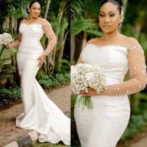 Robe de mariée de jardin à encolure dégagée personnalisée, manches longues, Aso Ebi, poignées de trompent, perles Kendny, paillettes, train amovible, romantique