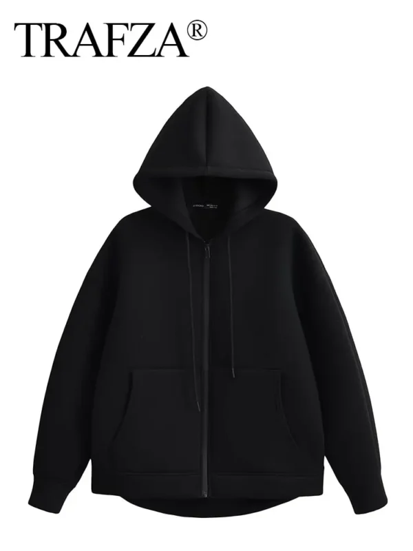 Trafza Automne Femmes Gris Veste Avec Capuche À Manches Longues Grande Poche Veste À Glissière Manteau Femme Ample Vêtements D'Extérieur Décontractés Manteau Hauts – Image 3