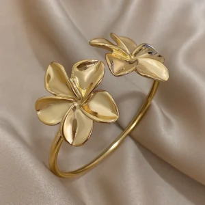 Bracelet manchette Double fleur en acier inoxydable pour femmes