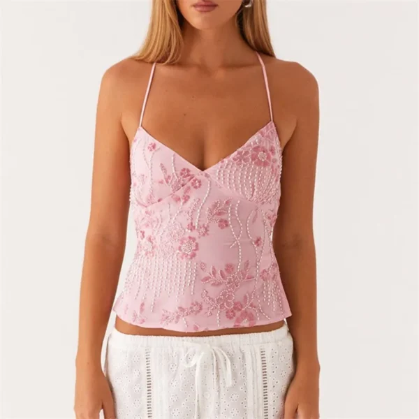 Gaono Women Y2K Sequin Cami Top Sexy V Neck Open Back Criss Cross Straps Tank Cute Sparkle Backless Low Cut Summer Crop Tops