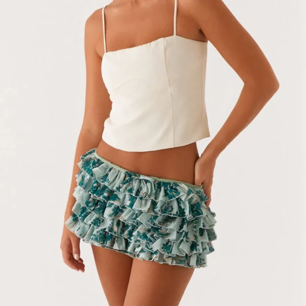 Combhasaki Mini Jupes-Shorts D'Été Y2K Pour Femmes, Taille Basse Élastique Avec Nœud Noué, Imprimé Fleur/Léopard, Volants Superposés, Slim – Image 4