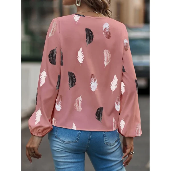 Mode Femme Blouse Chemises Pour Femmes Haut Élégant À Manches Longues Motif De Plumes Femmes Hauts Élégant En Mousseline De Soie Mujer Femme Vêtements – Image 2