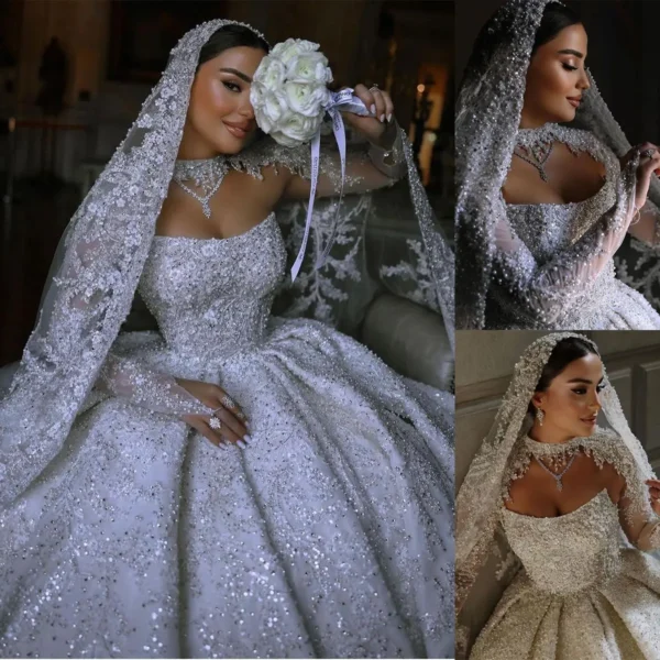 Robes De Mariée En Cristal Personnalisées, Robe De Rhluxueuse, Robes À Col Haut, Perles, Dentelle Pailletée