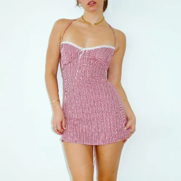 Gaono Women Cami Dress Plaid Front Tie-Up Lace Trim Sleeveless Cross Tie-Up Backless Mini Dress Y2K Summer Bodycon Dress – Image 3